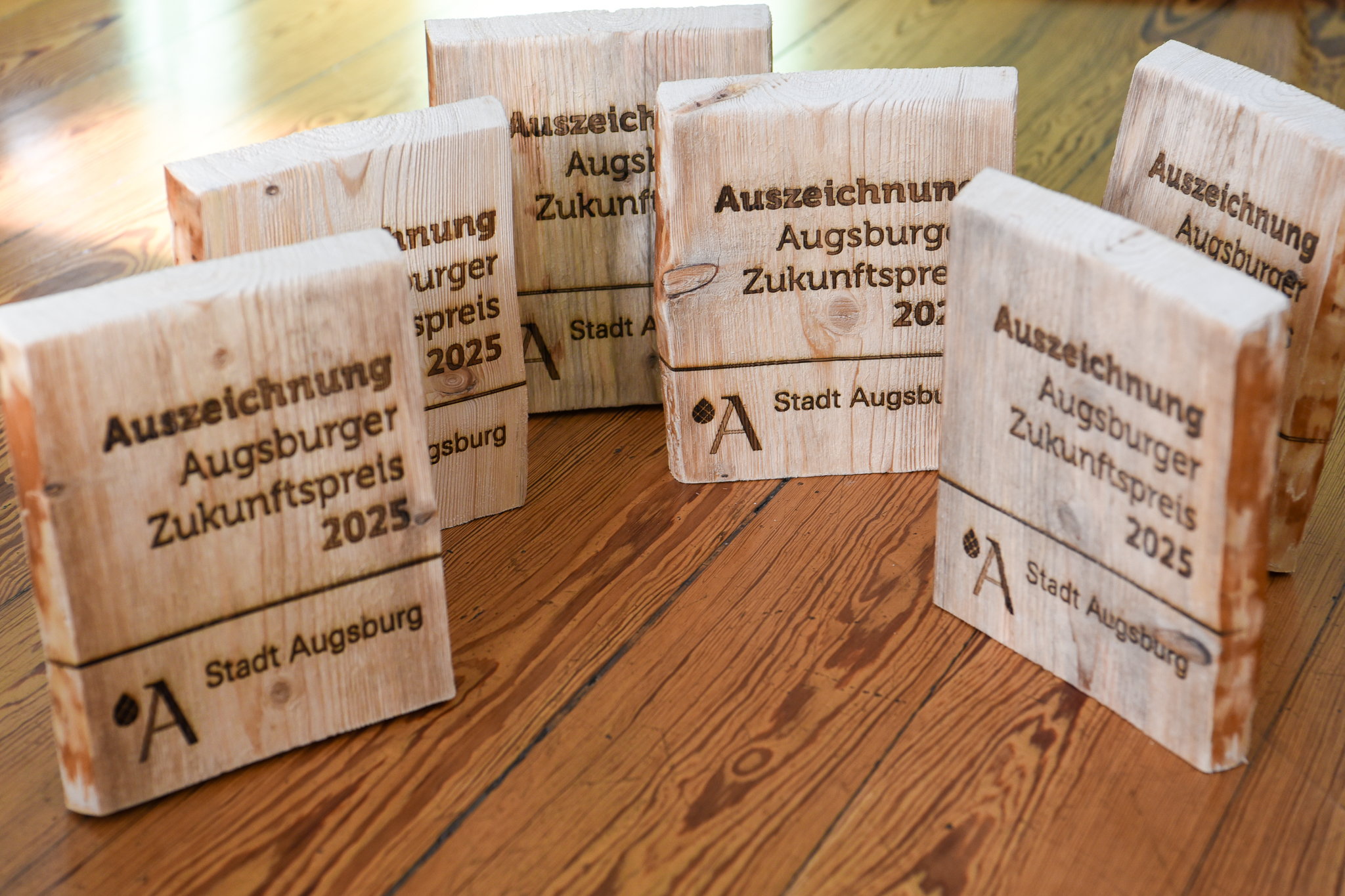 Foto von den 6 Holzplaketten des Augsburger Zukunftspreises 2025.