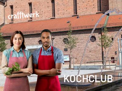 Friedensplatz mit Brunnen. Frau und Mann mit Kochschürze (ki-generiert)