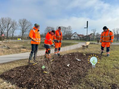 Arbeiter der Stadt Gersthofen in roten Montur bewundern die kleine Strauchpflanzen, die frisch gepflanzt worden sind. Foto: Stadt Gersthofen, Wera v. Witzleben