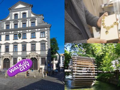 Auf dem Bild sind in einer Collage Fotos vom Gebäude des Stadtmetzg, das Wasserrad am Schwalllech und eine Schmuckkette aus der alten Silberschmiede. Die Fotos stammen von Andreas Hovarth, Damian Meier und der Regio Tourismus Augsburg