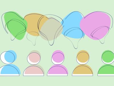 Karikatur von fünf verschieden farbigen Männchen. Kreisförmiger Kopf und Oberkörper sind abgebildet, über den Köpfen sind fünf Sprechblasen. Der Hintergrund ist hellgrün.