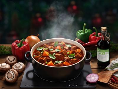 KI-generiertes Bild: Schwarzer Topf mit dampfendem veganen Gulasch auf Herd. Im Topf sichtbar: Würfel aus pflanzlichem Fleischersatz, Karotten, Paprika und frische Kräuter in dunkler Soße. Drumherum: rote und grüne Paprika, Zwiebel, Champignons, Chilischoten, Ölflasche und Tannenzweig. Weihnachtliche Atmosphäre im Hintergrund.