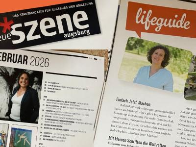 Verschiedene Seiten aus der Neues Szene Augsburg - es zeigt die Lifeguide Seite.