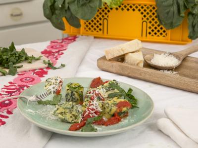 Das Bild zeigt einen Teller mit Spinat-Ricotta-Klößchen auf einem Teller mit Tomatensoße und Streifen frischen Spinats. Ein Malfatti ist auf eine Gabel gespießt. am linken Rand des mit einer rot-weißen Tischdecke gedeckten Tischs liegt ein Holzbrett mit frischen Spinat-Streifen. Am rechten Rand liegt Parmesan-Stücke in einer Holzschale. Daten auch ein Löffel mit geriebenem Parmesan. Bild Oekokiste e.V.