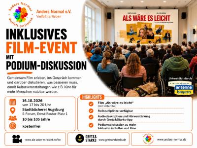 Einladungsflyer zum inklusiven Filmevent mit anschließender Podiumsdiskussion am 16.10.2026 ab 17 Uhr in der Stadtbücherei am Ernst-Reuter-Platz 1, Augsburg