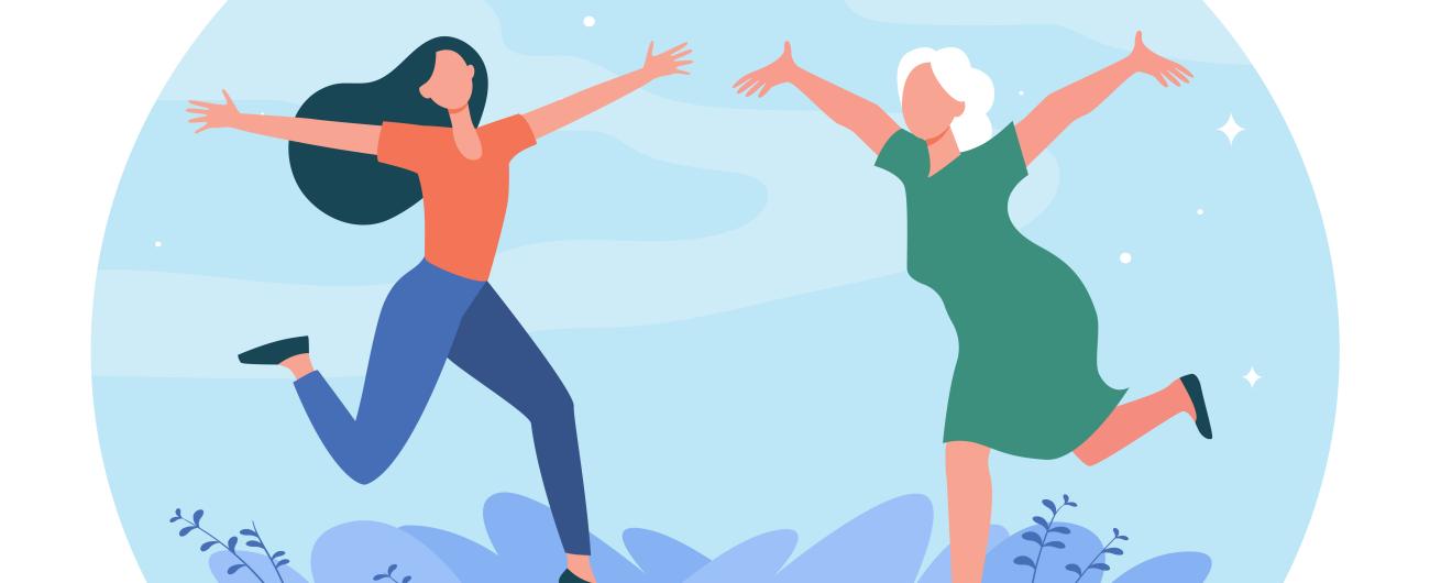 Gezeichnetes Bild zweier Frauen, die sich freuen, gesund zu sein.