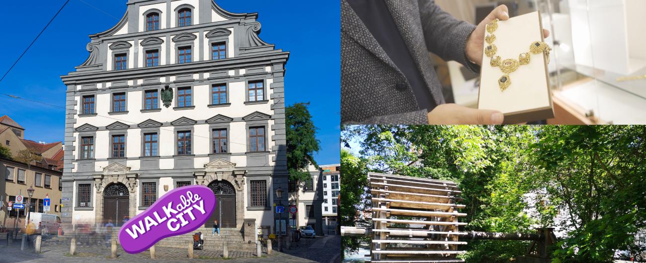 Auf dem Bild sind in einer Collage Fotos vom Gebäude des Stadtmetzg, das Wasserrad am Schwalllech und eine Schmuckkette aus der alten Silberschmiede. Die Fotos stammen von Andreas Hovarth, Damian Meier und der Regio Tourismus Augsburg