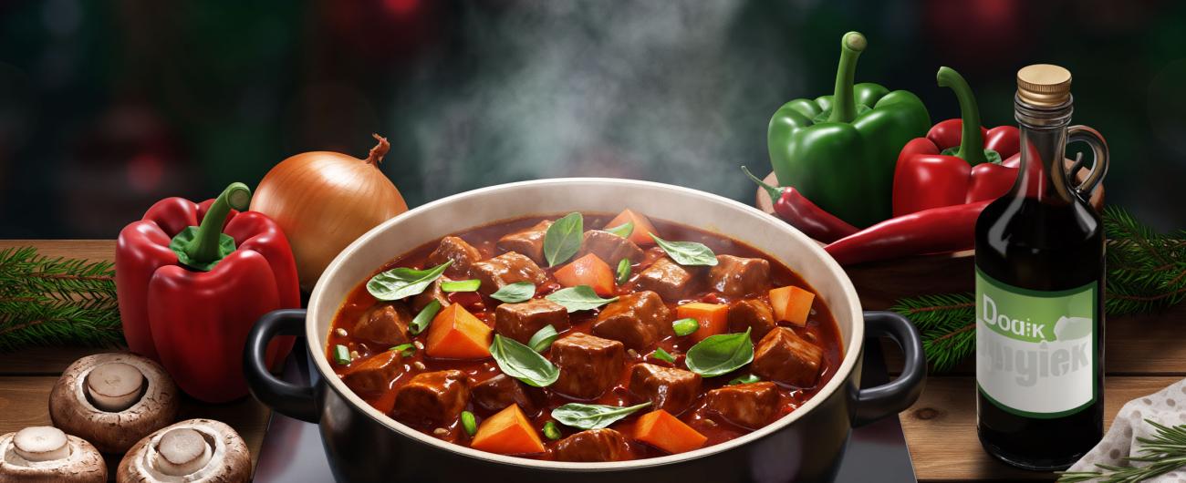KI-generiertes Bild: Schwarzer Topf mit dampfendem veganen Gulasch auf Herd. Im Topf sichtbar: Würfel aus pflanzlichem Fleischersatz, Karotten, Paprika und frische Kräuter in dunkler Soße. Drumherum: rote und grüne Paprika, Zwiebel, Champignons, Chilischoten, Ölflasche und Tannenzweig. Weihnachtliche Atmosphäre im Hintergrund.