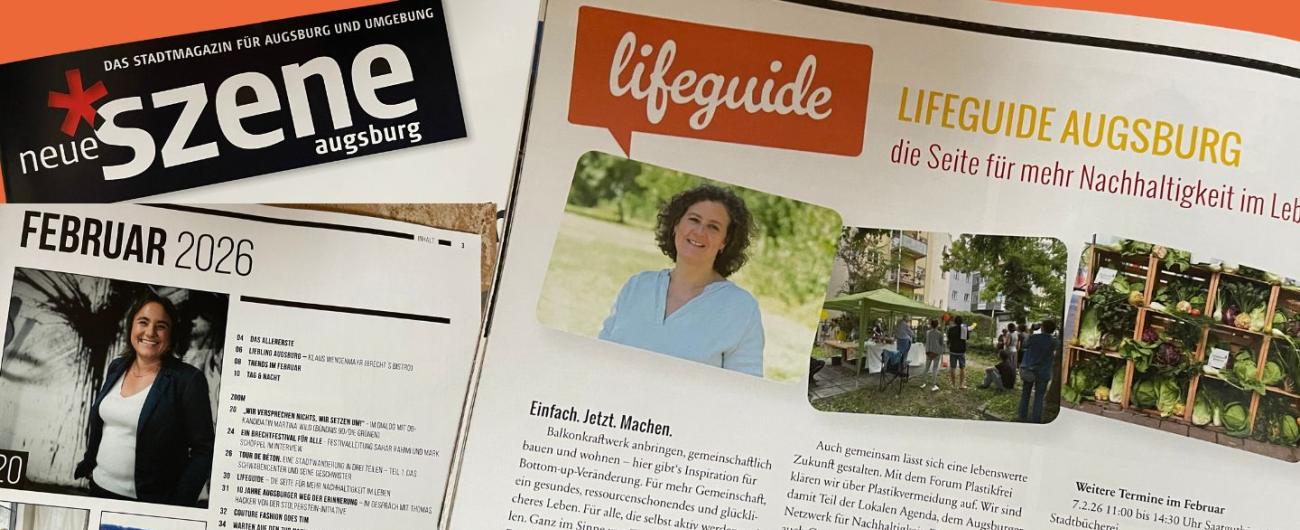 Verschiedene Seiten aus der Neues Szene Augsburg - es zeigt die Lifeguide Seite.