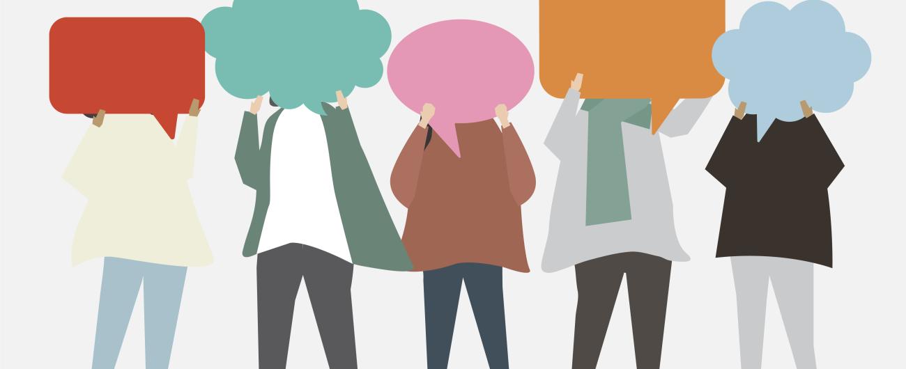 Menschen mit Sprechblasen symbolisieren einen Dialograum Mensch.