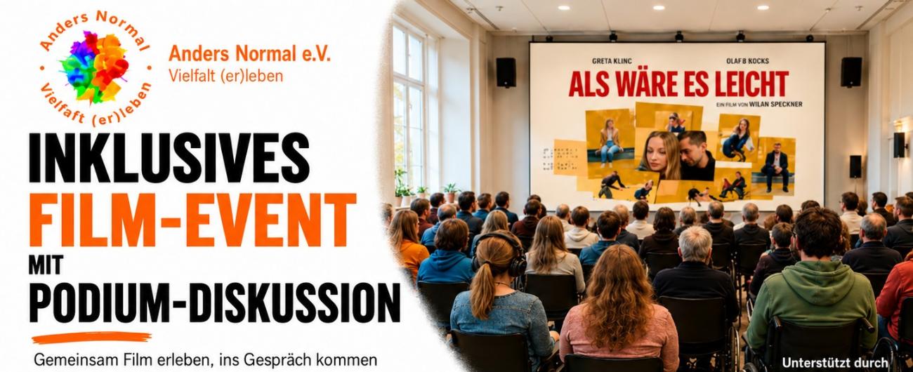 Einladungsflyer zum inklusiven Filmevent mit anschließender Podiumsdiskussion am 16.10.2026 ab 17 Uhr in der Stadtbücherei am Ernst-Reuter-Platz 1, Augsburg