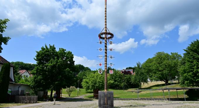 Unmittelbar unter dem Maibaum von Bonstetten beginnt der LandArt-Kunstpfad. Foto: Cynthia Matuszewski
