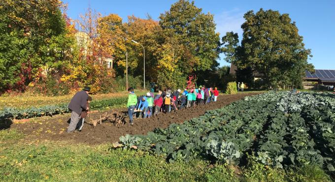 Schulklasse zu Besuch auf dem Biohof der Fam. Birkmeir, Foto: Walddorfschule