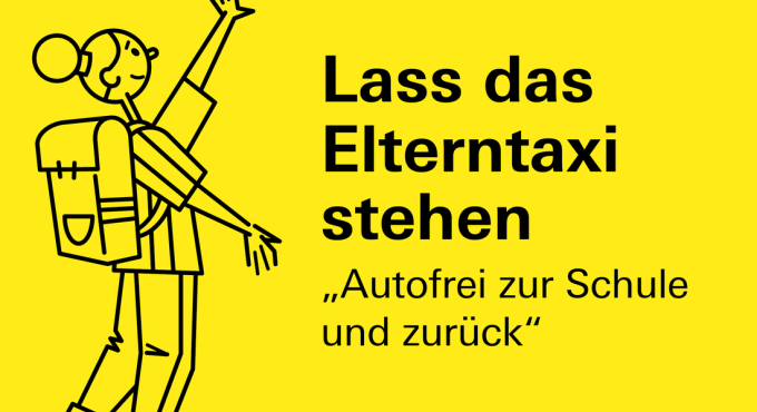 Flyer der "Lass das Elterntaxi stehen" Stempelaktion. Gelber Flyer mit schwarzer Schrift und Skizze eines Schulkindes auf der linken Seite.