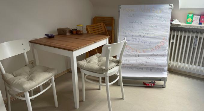 Heller Raum mit Holztisch, weißen Stühlen mit Sitzkissen und Flipchart. Auf dem Chart stehen Wörter wie "neue Wörter", "Austausch", "Wünsche". Gemütlicher Gesprächsraum in der Frauenbude.